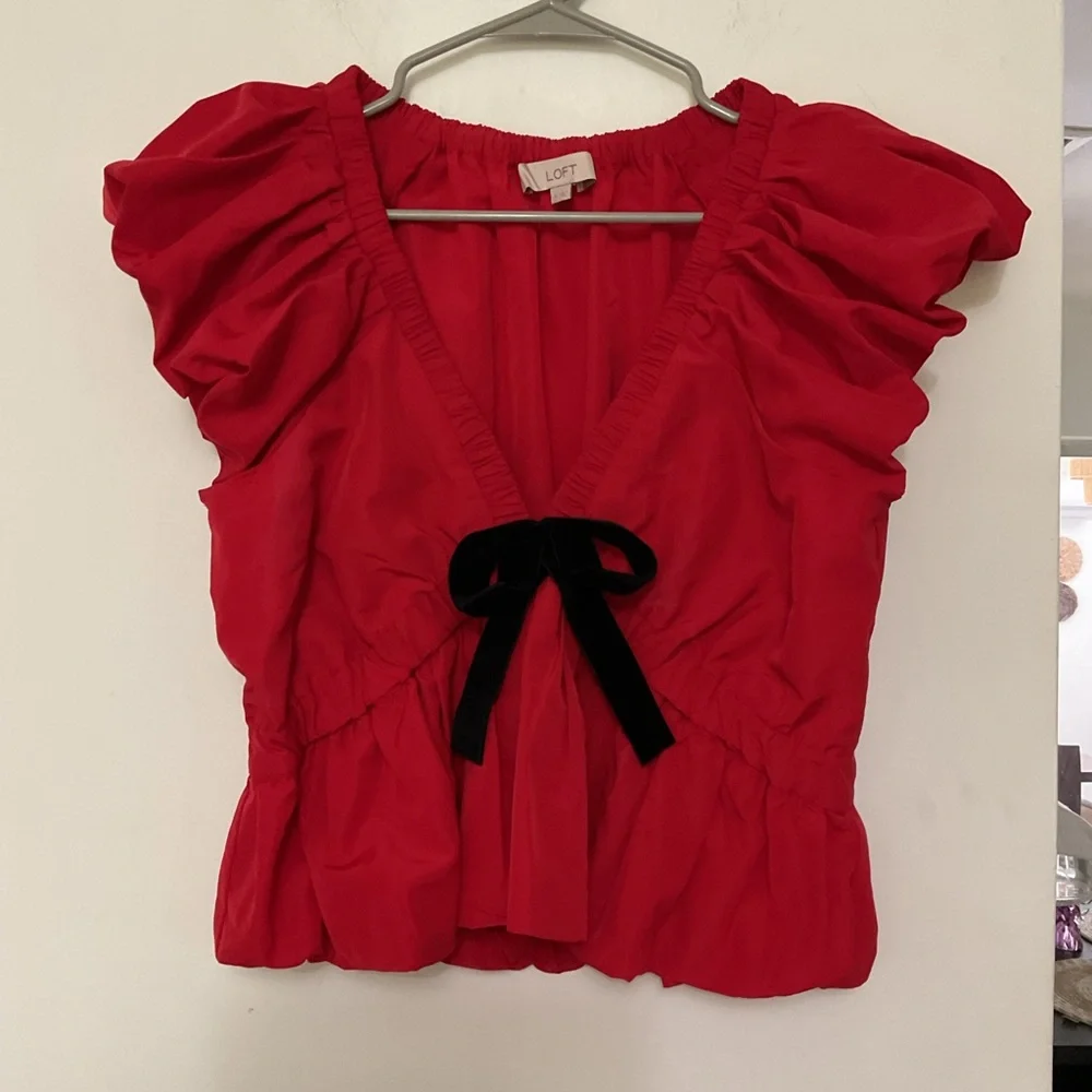 LOFT Red Puff Sleeve V-Neck Top with Black Velvet Bow